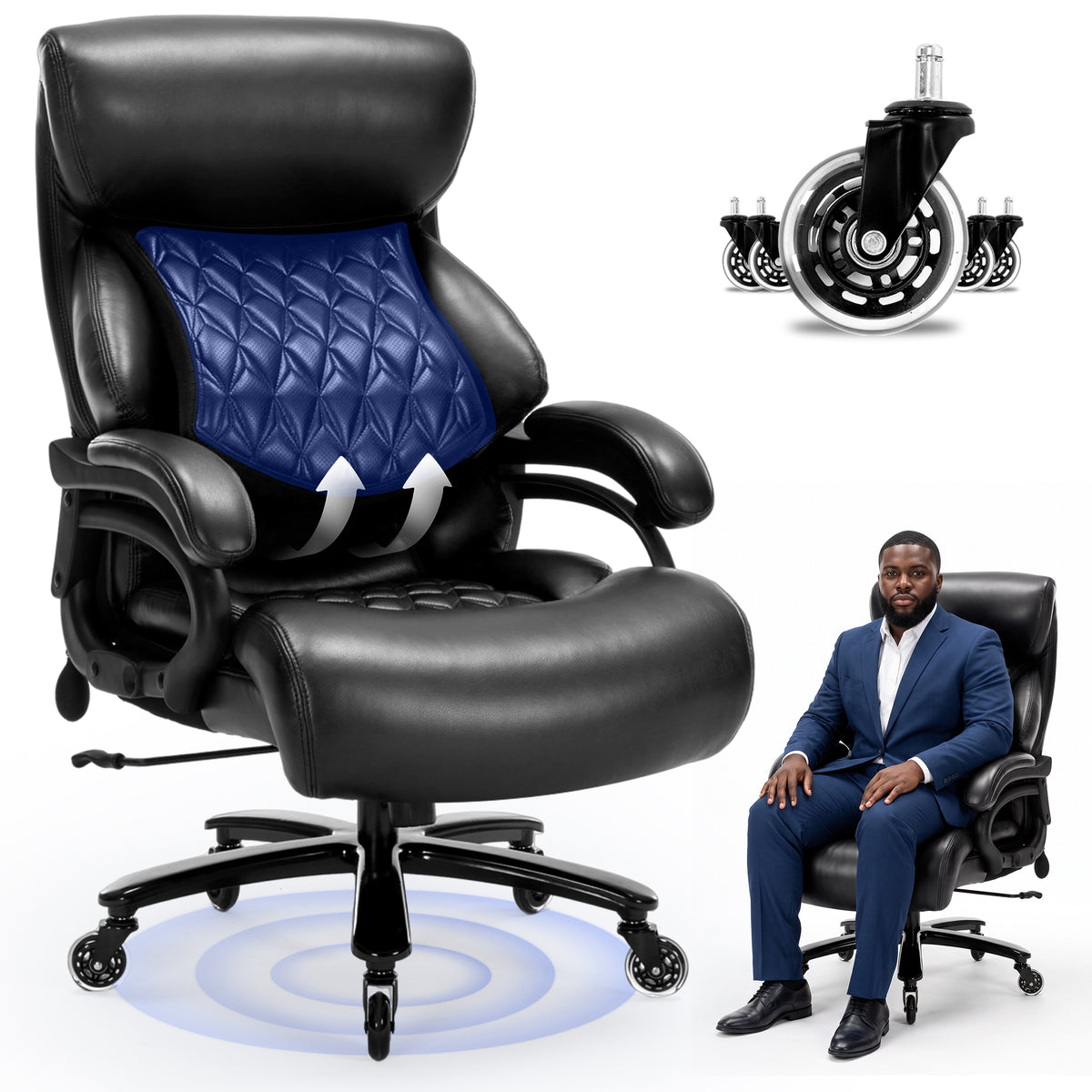 FANTAWESO Big & Tall Office Chair – Adjustable Lumbar Support & Quiet Rollerblade Wheels for Home Office & Gaming, Brown