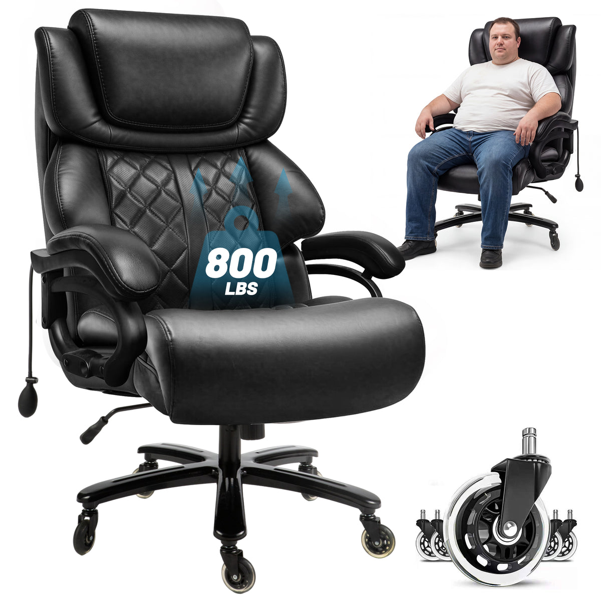 FANTAWESO Big & Tall 800 lb Executive Office Chair, High Back PU Leather Ergonomic Desk Chair with Inflatable Lumbar Support and Adjustable Height for Home Office